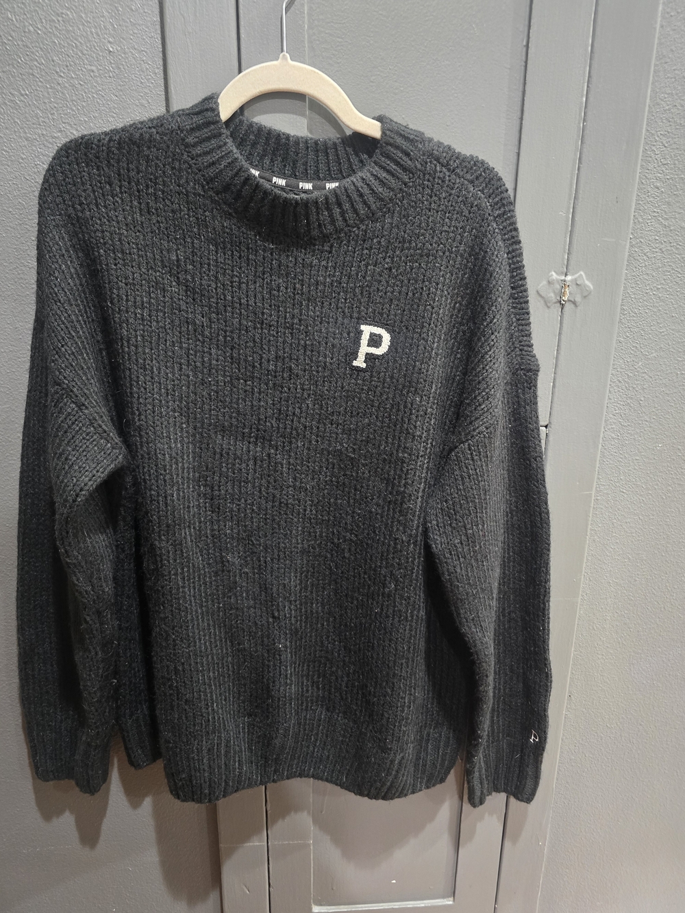 PINK Victoria's Secret Black Ribbed Crewneck Sweater with P Patch